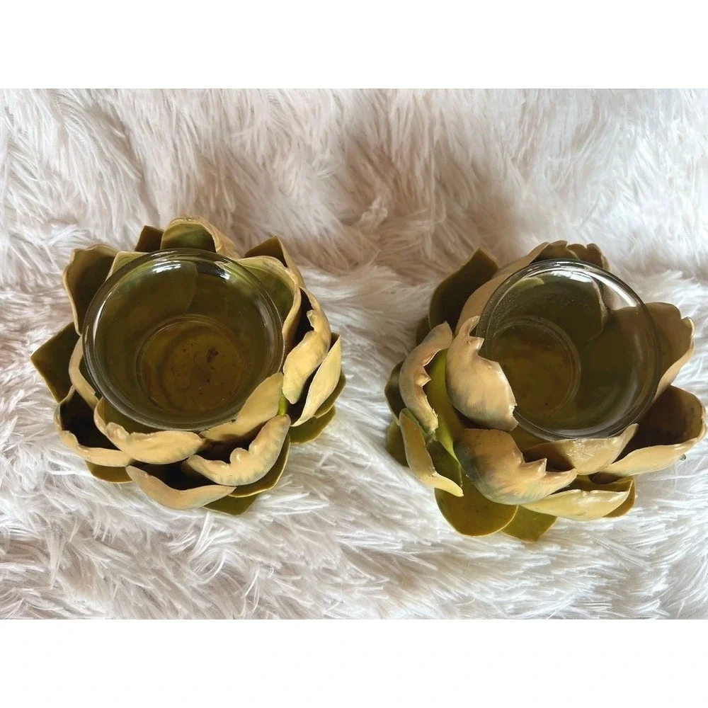 Artichoke Votive Candle Holders Set of 2 Green Yellow Botanical Decor